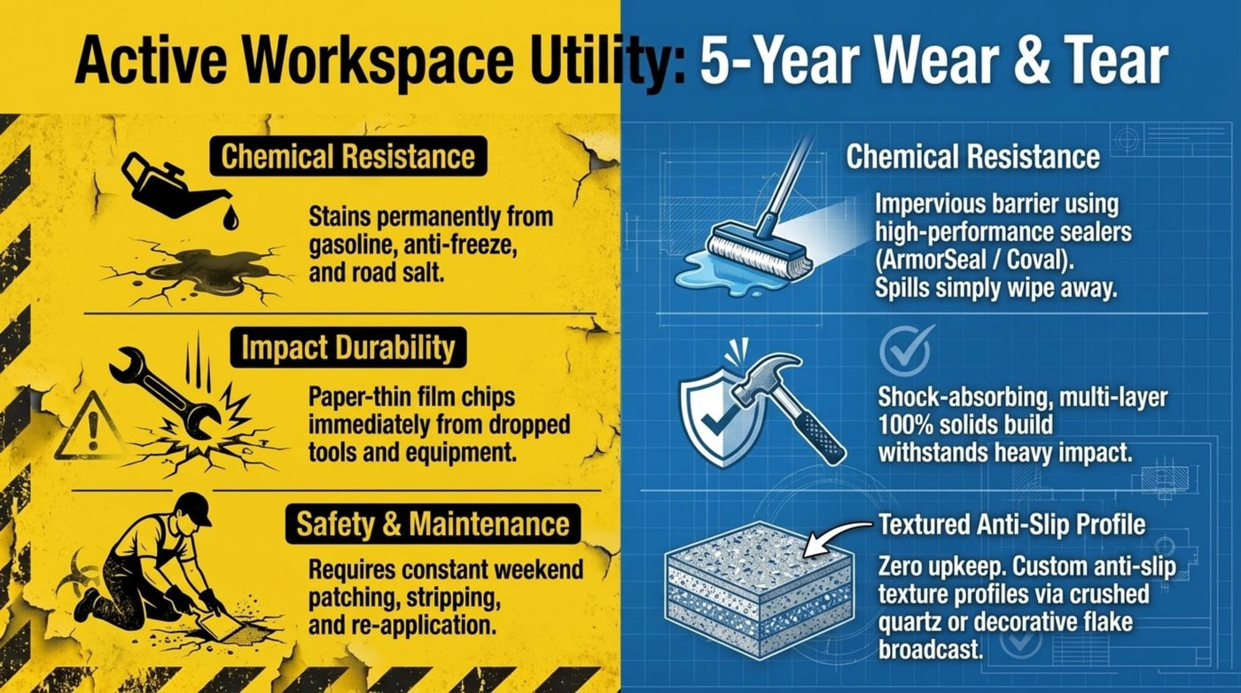 Five years of wear: what a working garage does to a coated floor